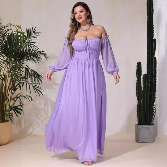 Damen Off-Shoulder Maxikleid mit hohem Schlitz und Rüschendetails EB