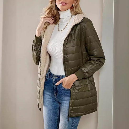Damen Langer Steppmantel mit Teddyfutter und Kapuze EB