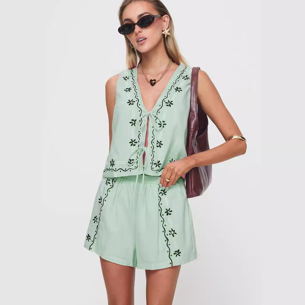 Damen luftiges Zweiteiler-Set mit floraler Stickerei EB