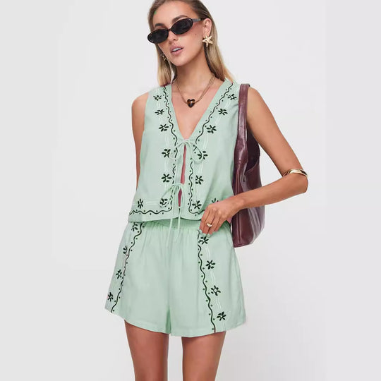 Damen luftiges Zweiteiler-Set mit floraler Stickerei EB