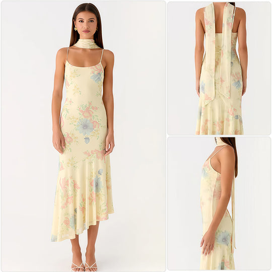 Damen Elegantes Maxikleid mit blumigem Chiffon-Design und Neckholder-Ausschnitt EB