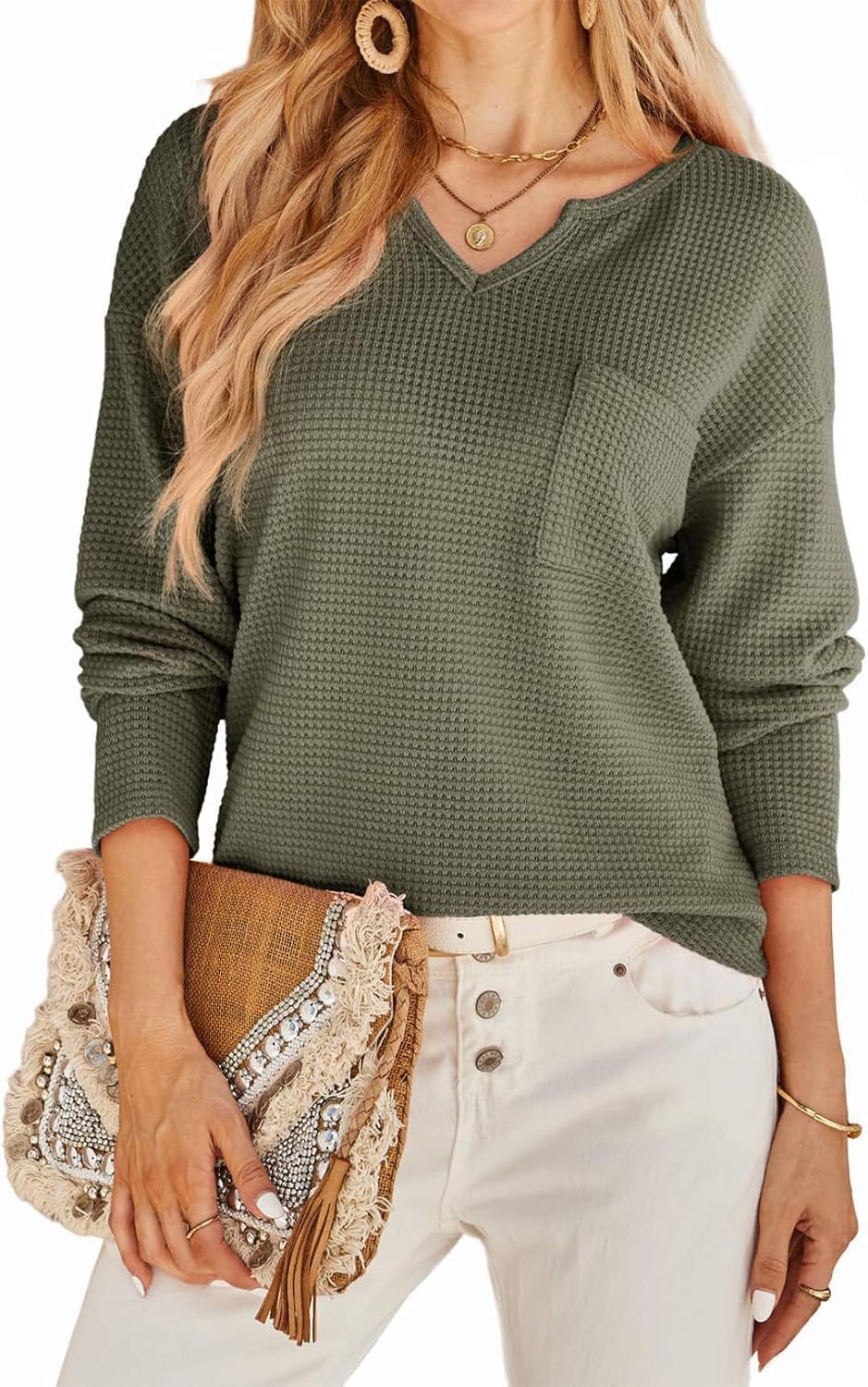 Damen Waffelstruktur Pullover mit tiefem V-Ausschnitt und praktischen Taschen EB