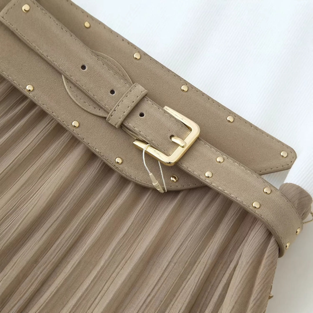 Damen Maxikleid mit raffiniertem Rüschendesign und elegantem Gürtel EB
