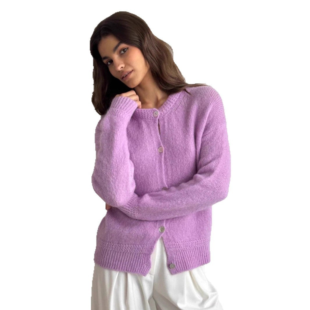 Damen kuschelige Strickjacke mit knöpfbarem Design und voluminösen Ärmeln EB