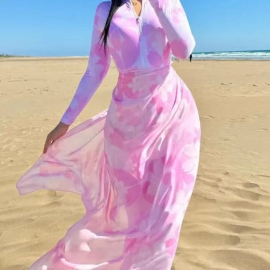 Damen Strandkleid mit Reißverschluss und langen Ärmeln EB