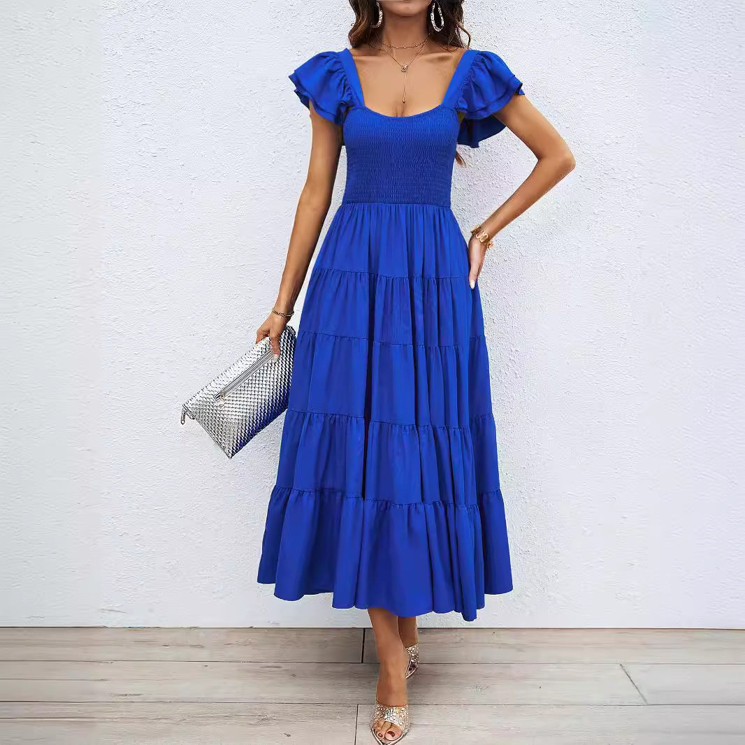 Damen Lange Maxikleid mit eleganten Rüschenträgern und gefüttertem Oberteil EB