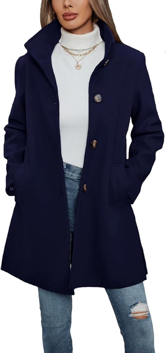 Damen Eleganter Wollmantel mit Hochgeschlossenem Kragen und Praktischen Taschen EB