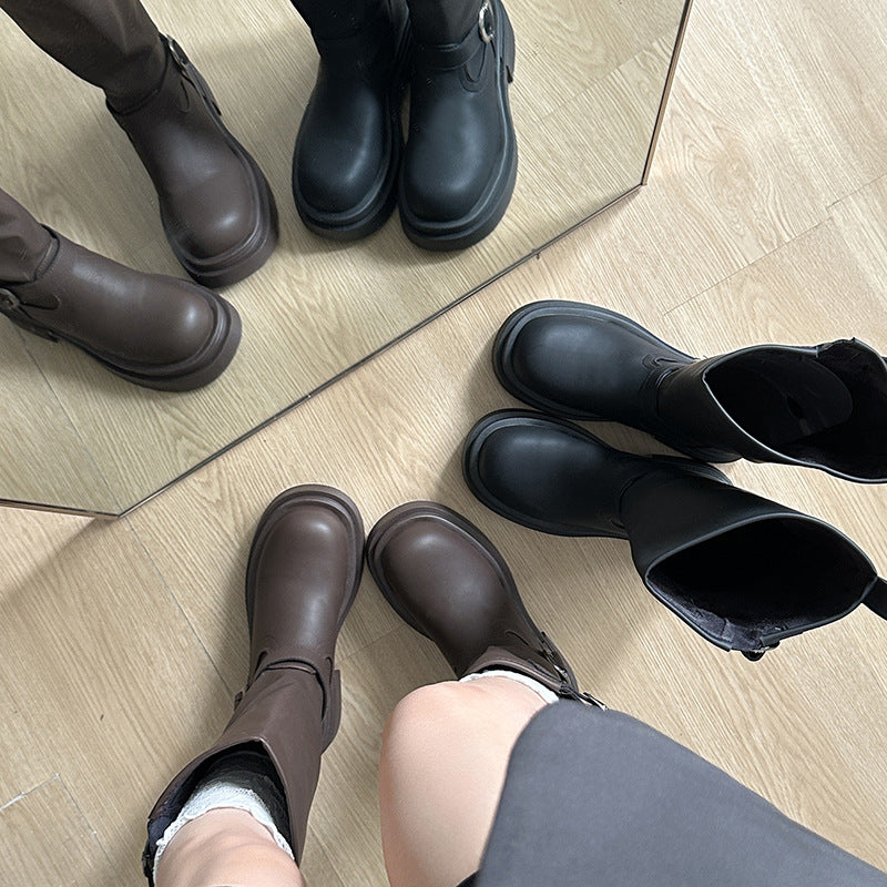 Damen modische kniehohe Stiefel mit coolem Schnallen-Detail EB