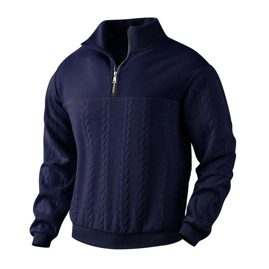 Herren nan grobgestrickter Troyer-Pullover mit Zopfmuster, Stehkragen und halbem Reißverschluss EB
