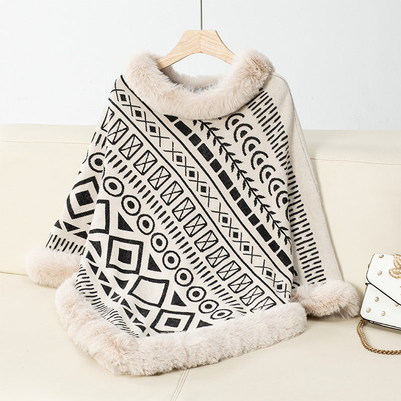 Damen modischer Poncho mit dekorativem Kunstfellkragen EB
