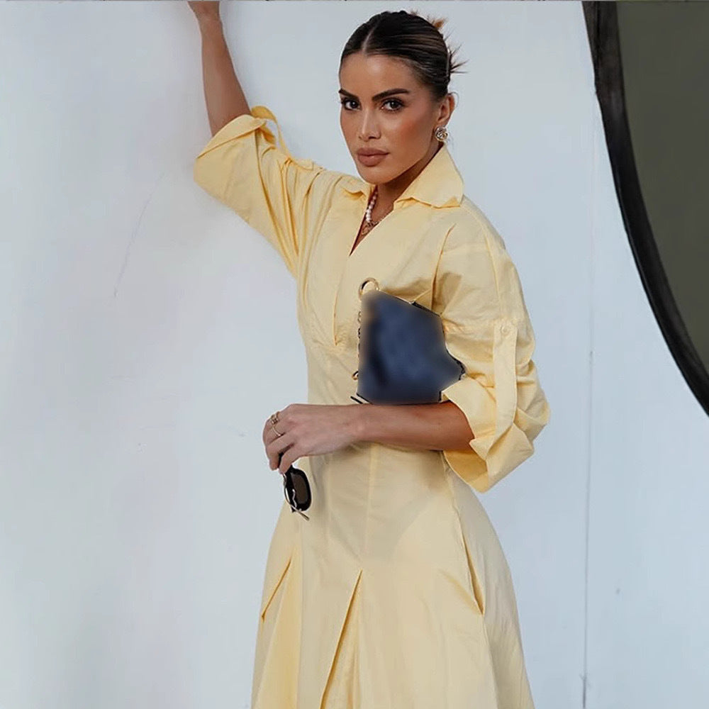 Damen Hemdblusenkleid mit elegantem V-Ausschnitt und weiten Ärmeln EB