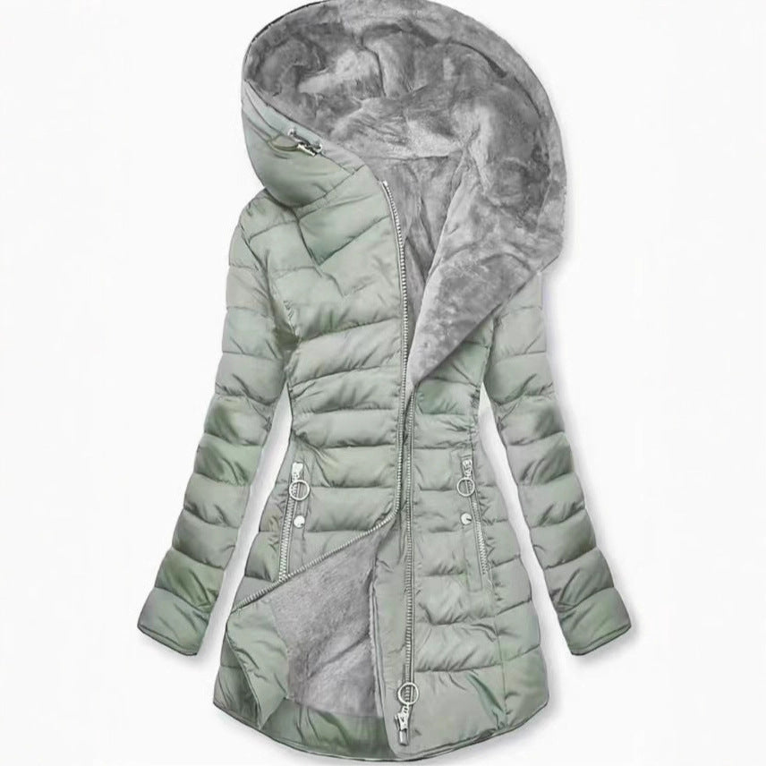 Damen Taillierter Steppmantel mit Oversize-Kapuze, kuscheligem Teddyfutter und Zierringen am Reißverschluss EB