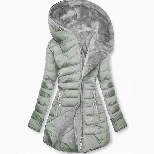 Damen Taillierter Steppmantel mit Oversize-Kapuze, kuscheligem Teddyfutter und Zierringen am Reißverschluss EB