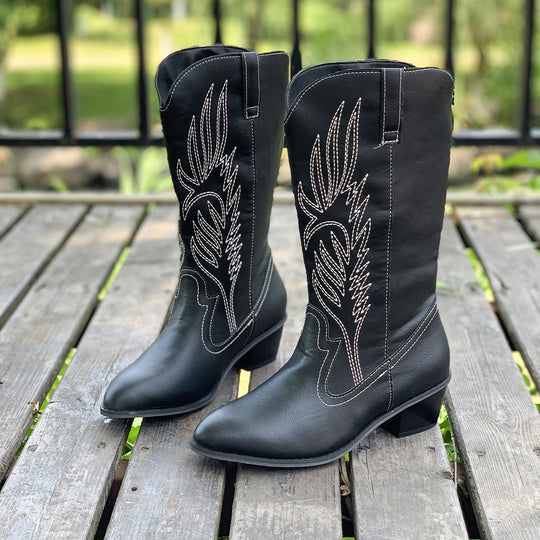Damen Cowboy-Stiefel mit hohem Absatz und kunstvollen Stickereien EB