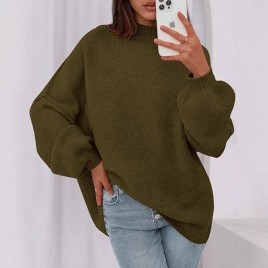 Damen Oversize-Strickpullover mit Stehkragen und Ballonärmeln EB