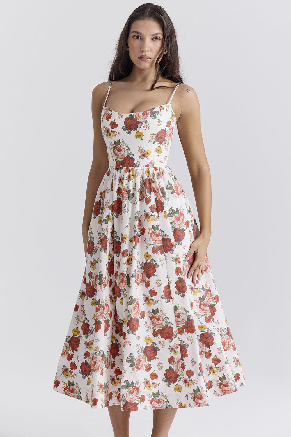 Damen Midi-Kleid mit elegantem Blumenmuster und zartem Taillenzug EB