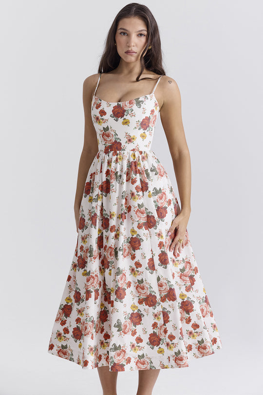 Damen Midi-Kleid mit elegantem Blumenmuster und zartem Taillenzug EB