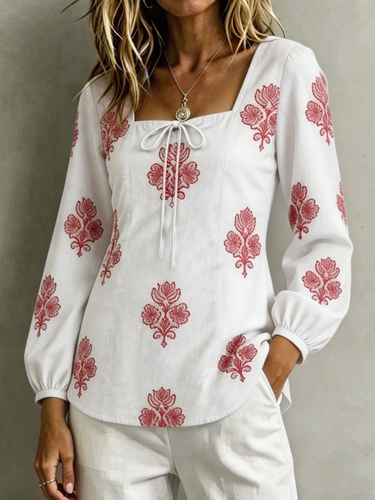 Damen Bestickte Tunika-Bluse mit quadratischem Ausschnitt und femininen Ballonärmeln EB
