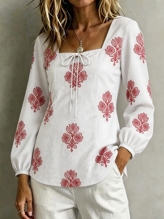 Damen Bestickte Tunika-Bluse mit quadratischem Ausschnitt und femininen Ballonärmeln EB