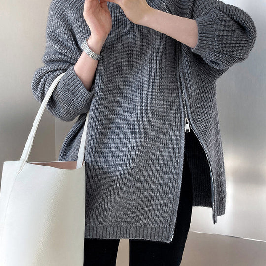 Damen lässiger Strickpullover mit seitlichem Reißverschluss und hohem Kragen EB