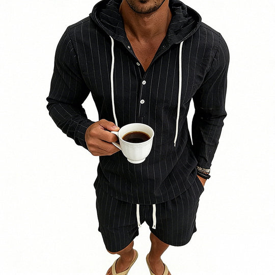 Herren nan gestreiftes Leinenoptik-Kapuzen-Henley-Set mit Tunnelzug-Shorts EB