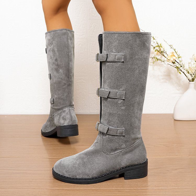 Damen Overkneestiefel mit modischen Schnallen und robustem Profilsohle EB