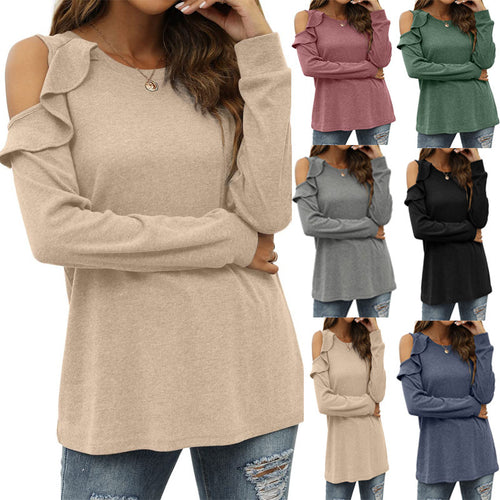 Damen Elegantes Langarmoberteil mit Rüschendetails und Kalt-Schulter Design EB