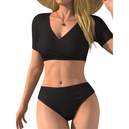 Damen Bikini-Oberteil mit Wickelschnitt und kurzen Ärmeln EB