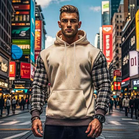 Herren Hoodie mit karierten Ärmeln und Kängurutasche EB