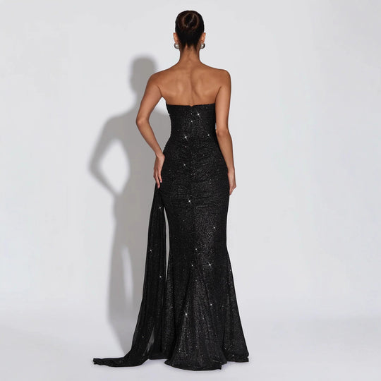 Damen Glamouröses Abendkleid mit tiefem V-Ausschnitt und schimmerndem Überwurf EB