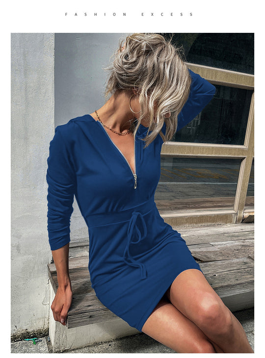 Damen Kapuzenkleid mit Reißverschluss und Taillenzug EB