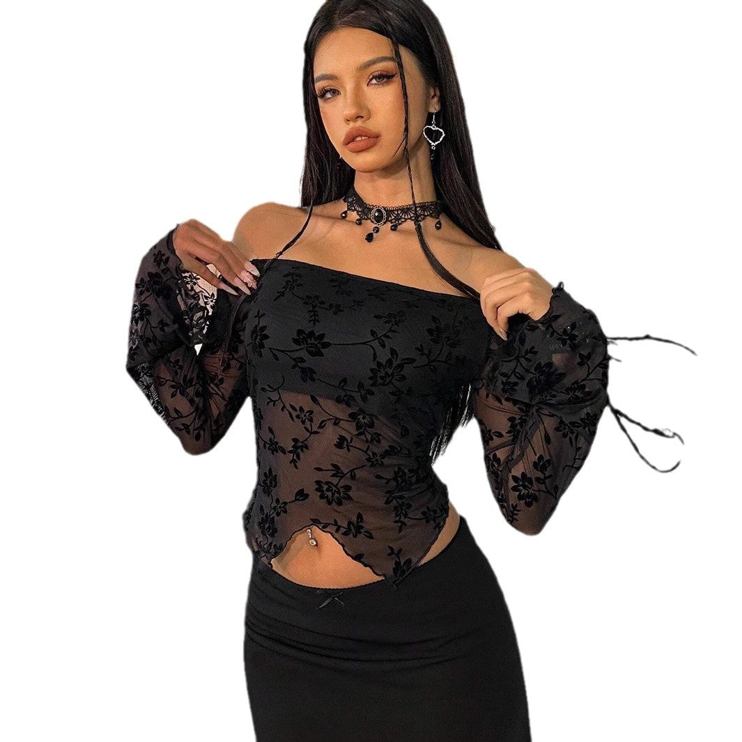 Damen nan transparentes Mesh-Top mit floraler Samt-Flock-Applikation, Carmen-Ausschnitt und kurzem Taillen-Saum EB