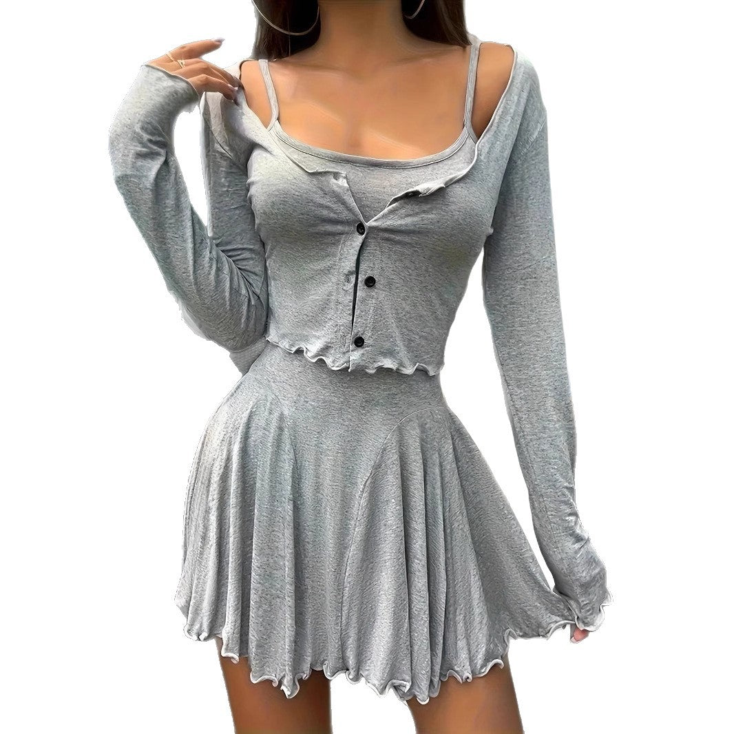 Damen lässiges Set mit langärmeliger Bluse und fließendem Rock EB