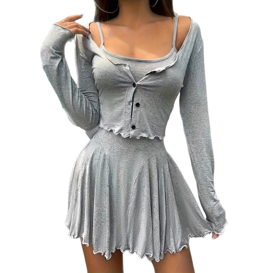 Damen lässiges Set mit langärmeliger Bluse und fließendem Rock EB