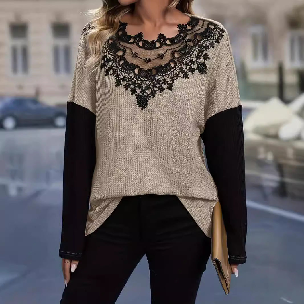 Damen Elegantes Strickoberteil mit gehäkeltem Spitzenkragen EB
