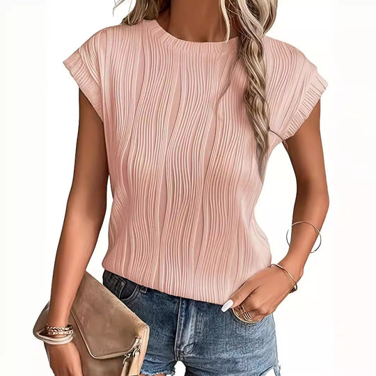Damen Plissee-T-Shirt mit kurzem Ärmel und hohem Rundhalsausschnitt EB