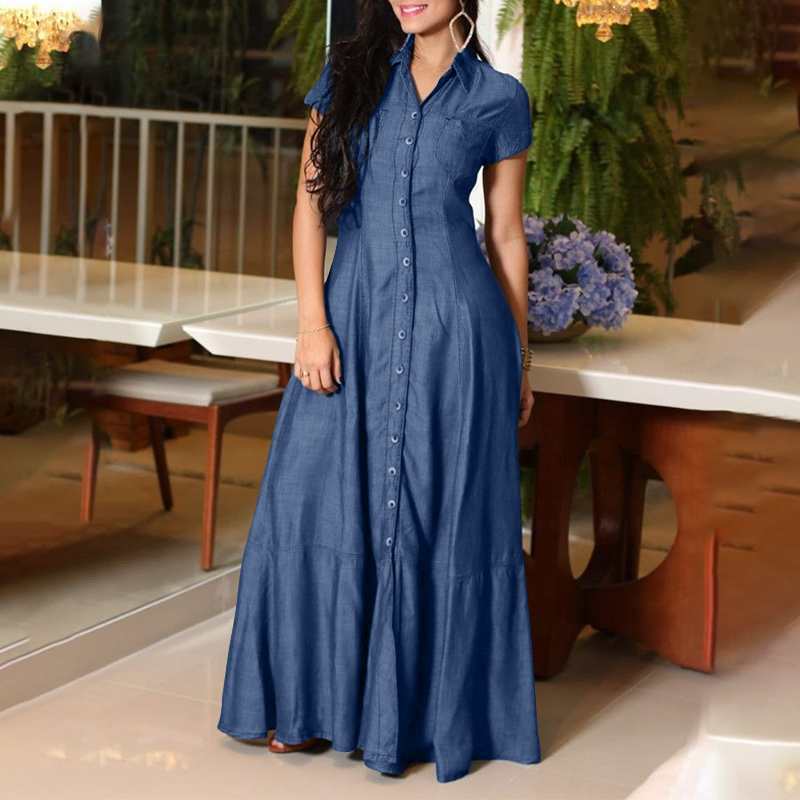 Damen Maxikleid mit Knopfleiste und schwingendem Saum EB