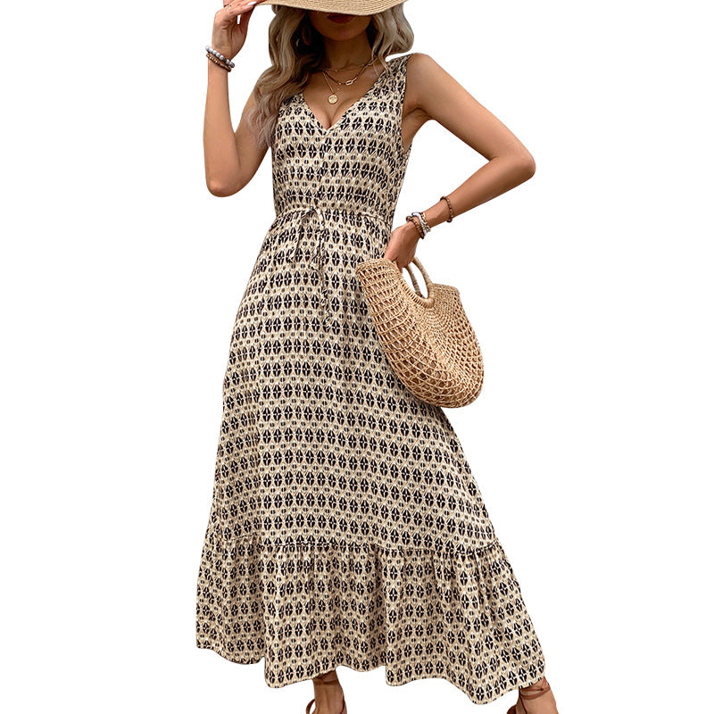 Damen Maxikleid mit V-Ausschnitt und raffiniertem Bindegürtel EB