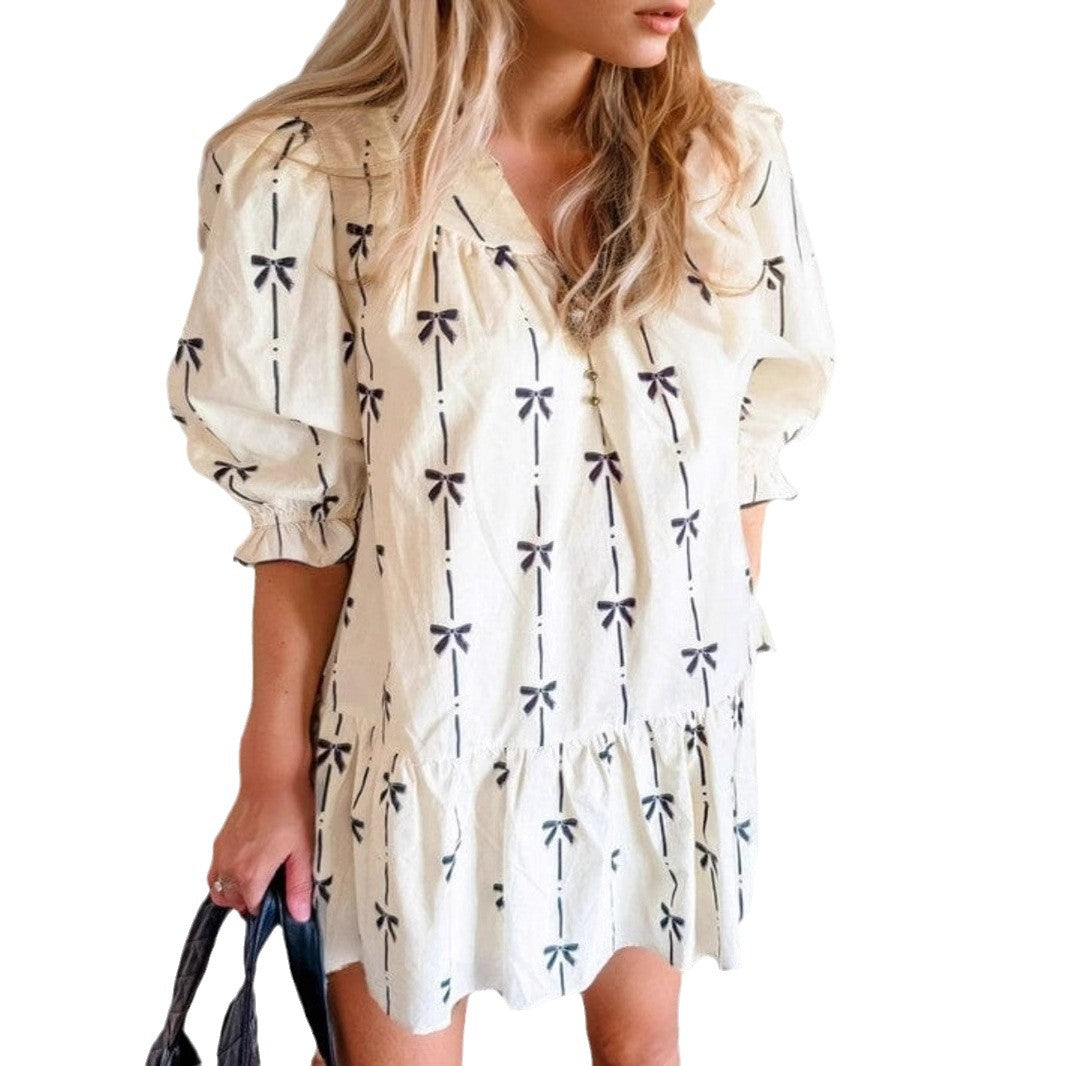 Damen luftiges Freizeitkleid mit Rüschen und zartem Schleifenprint EB