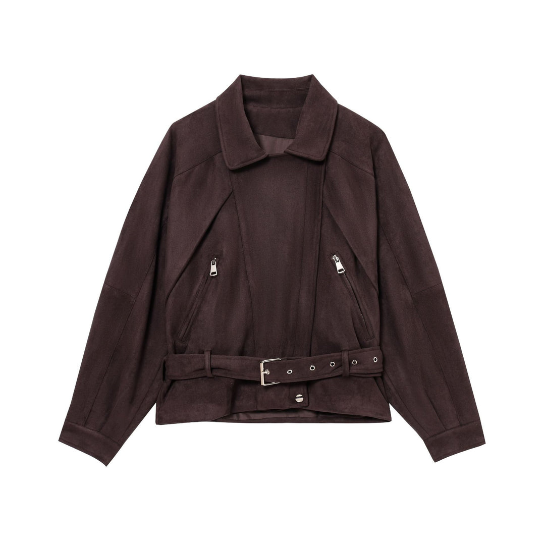 Damen Elegante Wildlederjacke mit modischen Schnallen und praktischen Taschen EB