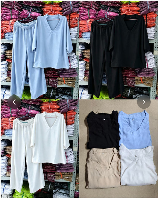 Damen nan lässiges zweiteiliges Leinenoptik-Set mit tiefem V-Ausschnitt, Oversize-Bluse und weitem Palazzo-Hosen EB
