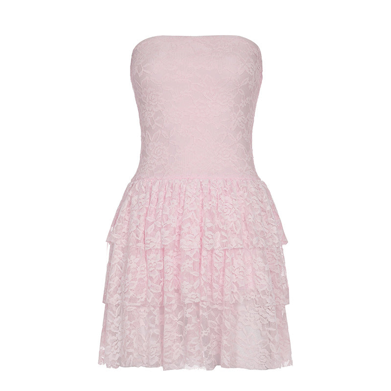 Damen Spitzenkleid mit voluminösem Rock und trägerlosem Design EB