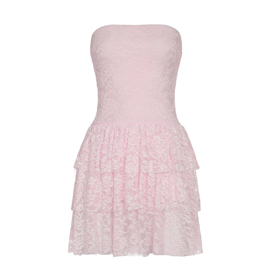 Damen Spitzenkleid mit voluminösem Rock und trägerlosem Design EB
