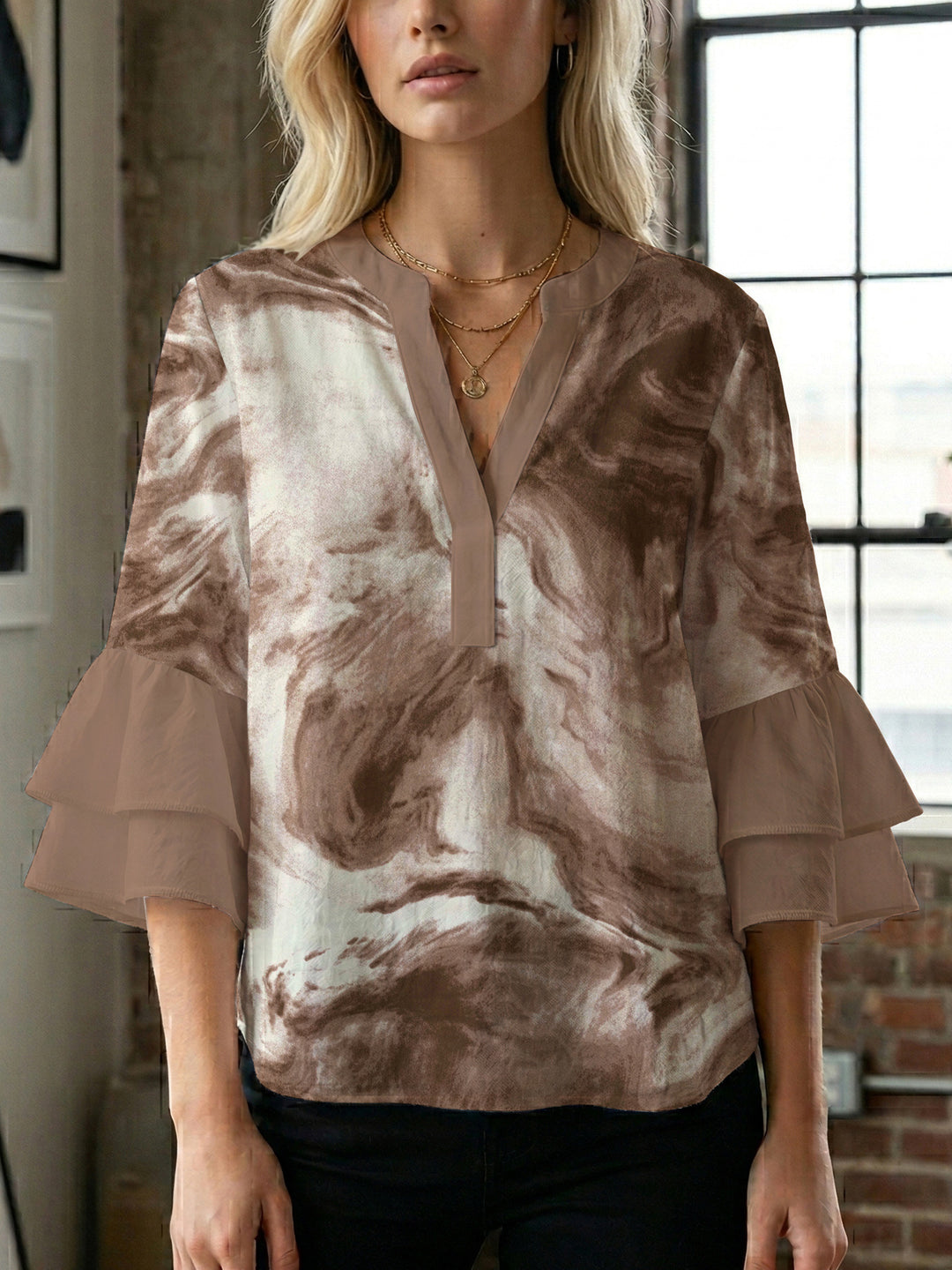 Damen lässige Bluse mit Volantärmeln und botanischem Druck EB