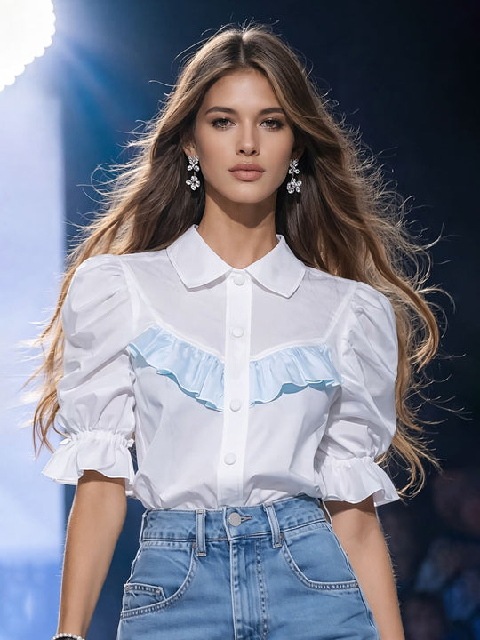 Damen Modische Bluse mit Rüschendetails und Puffärmeln EB