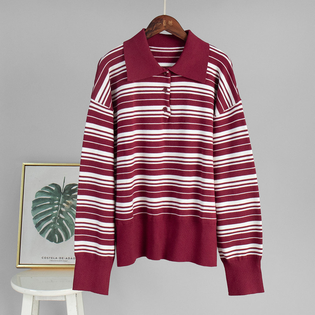Damen Gestreifter Polo-Pullover mit Knopfleiste und langem Schnitt EB