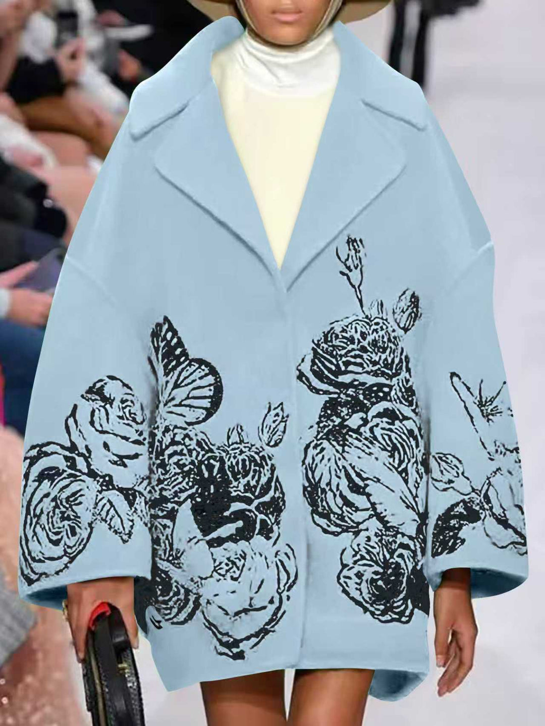 Damen Oversized Wollmix-Mantel mit floraler Print- und Stickerei-Optik EB