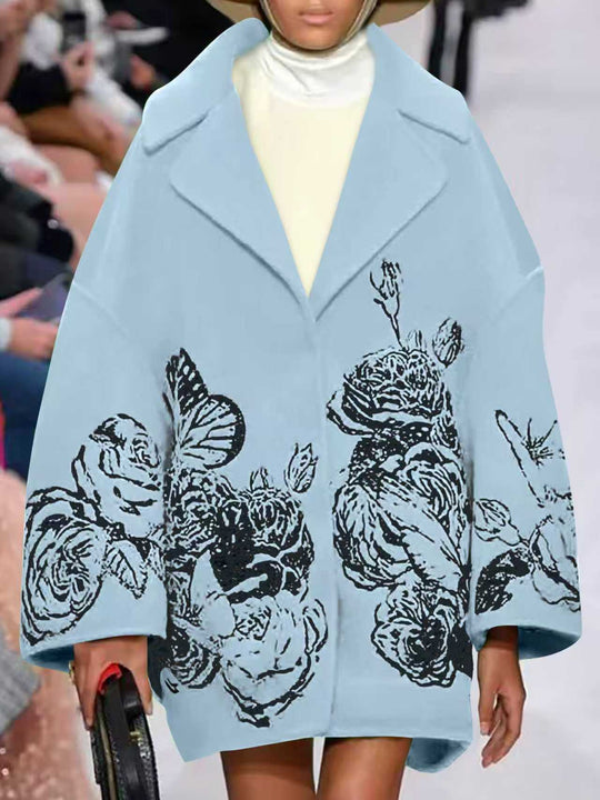 Damen Oversized Wollmix-Mantel mit floraler Print- und Stickerei-Optik EB