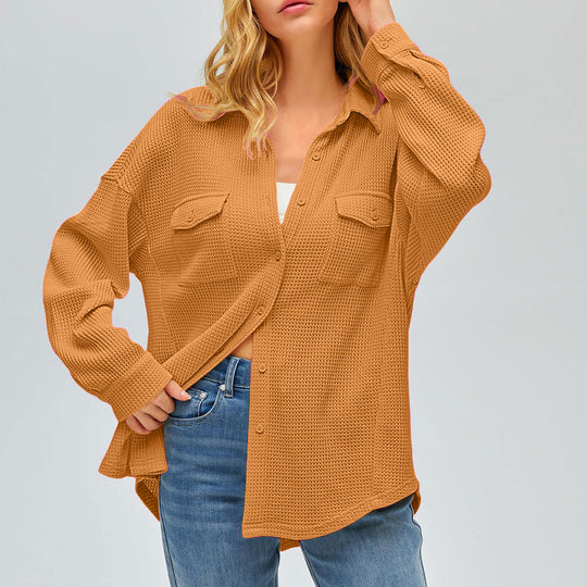 Damen nan oversized Waffelstrick Hemdjacke mit Brusttaschen und Knopfleiste EB