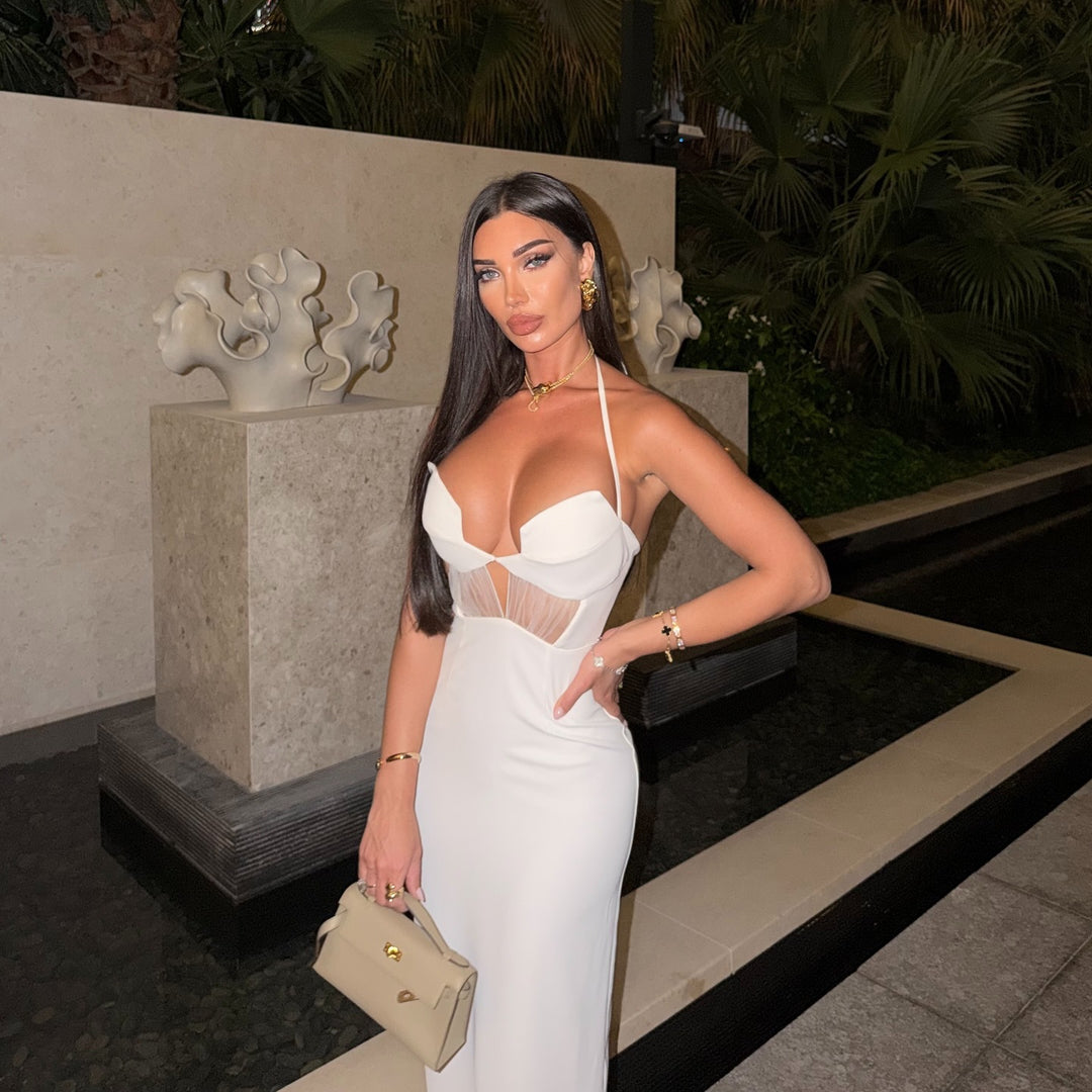 Damen Glamouröses Abendkleid mit tiefem V-Ausschnitt und verführerischen Netzdetails EB